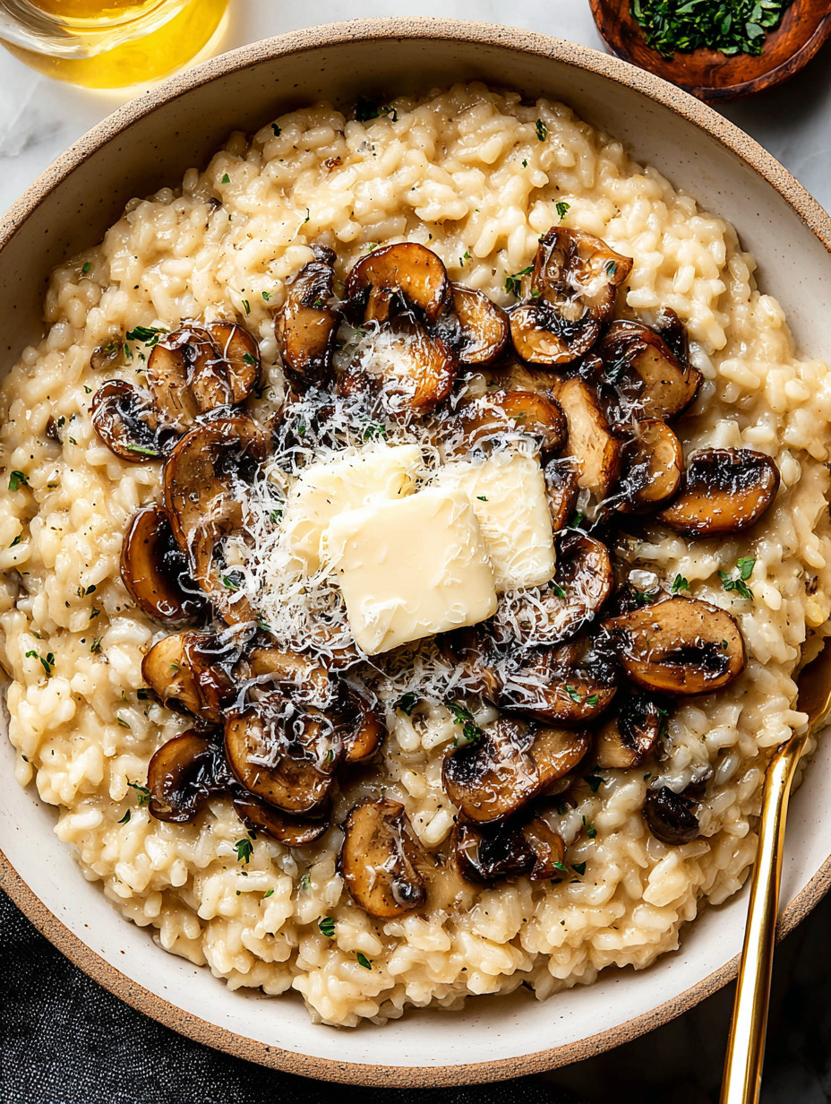 A bowl of rice with mushrooms and butter.