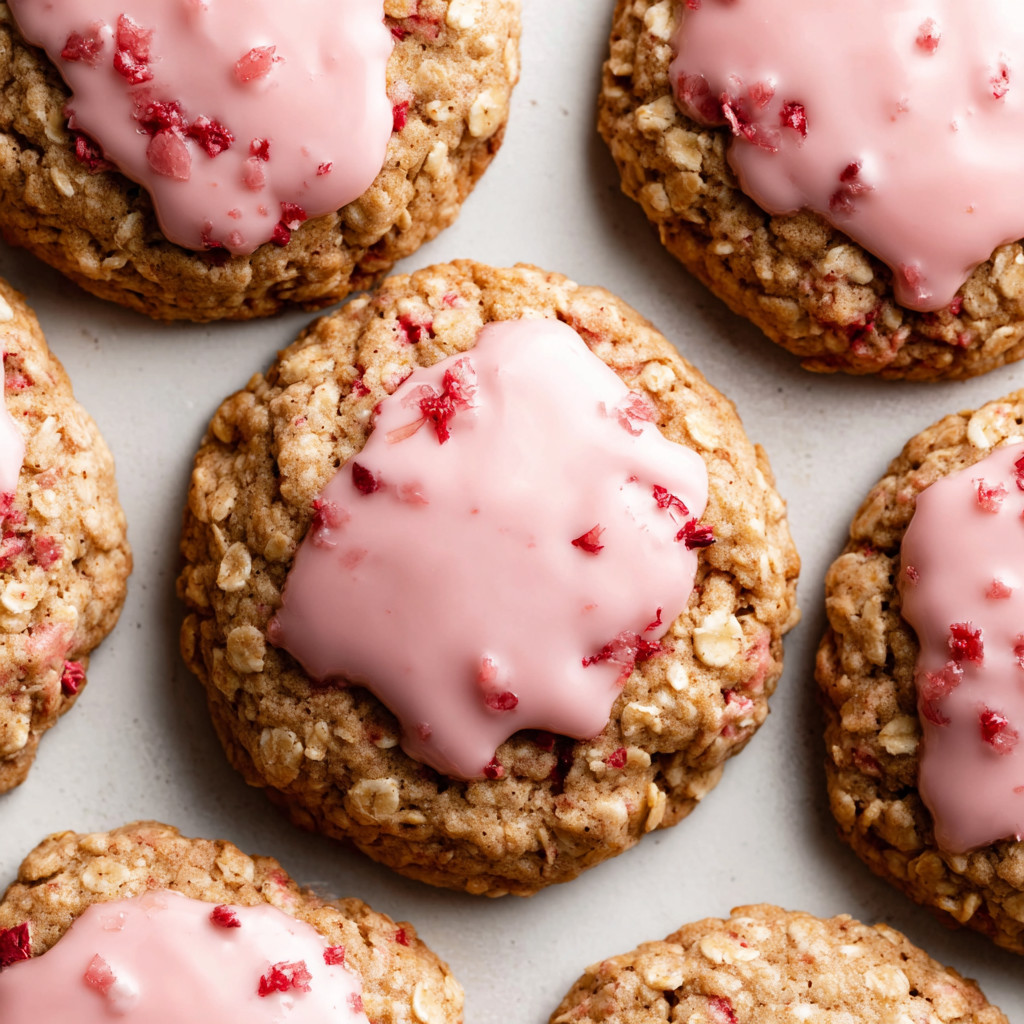 A plate of cookies with pink frosting.
