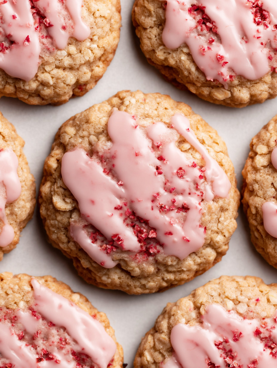 Pink frosting on cookies.