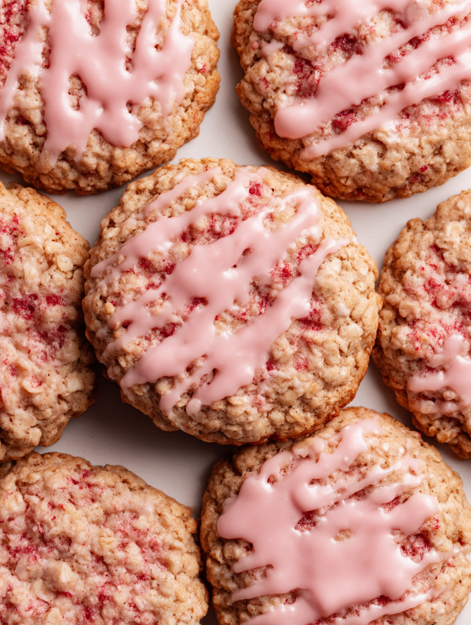 A pink frosted cookie with white icing.