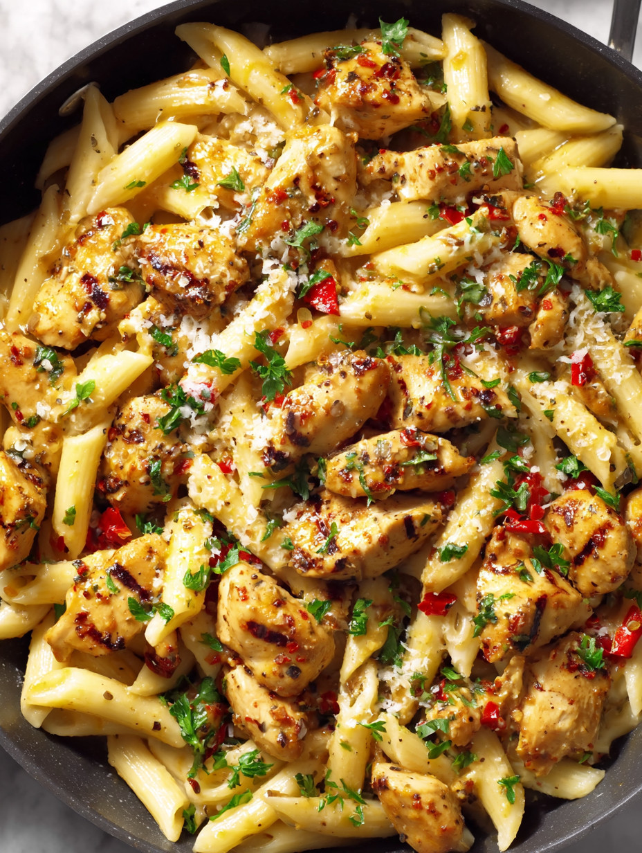 A dish of chicken and pasta.