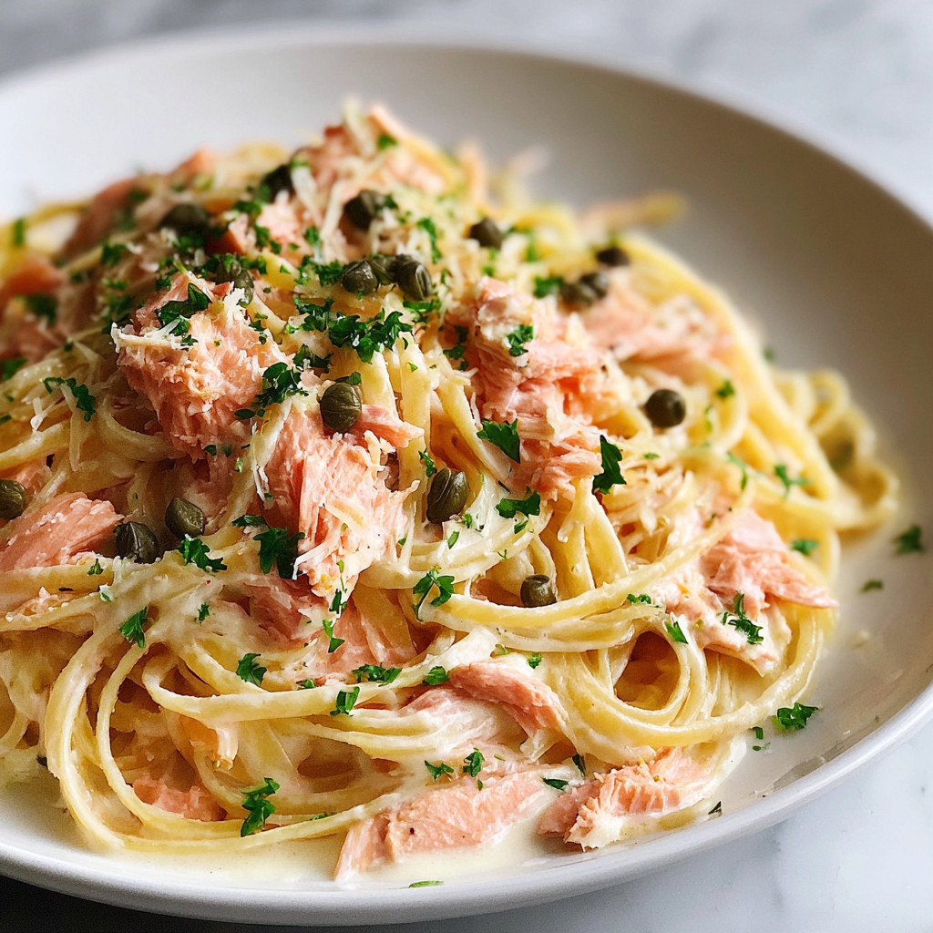 A plate of pasta with salmon and capers.