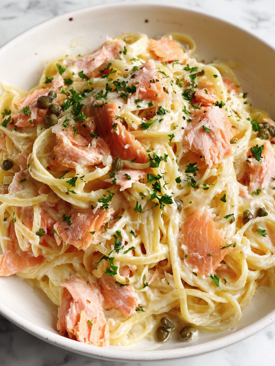 A bowl of pasta with salmon and herbs.