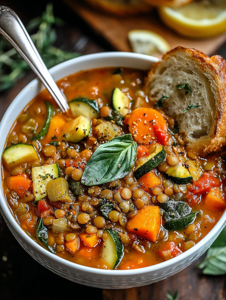 A bowl of soup with vegetables and bread.