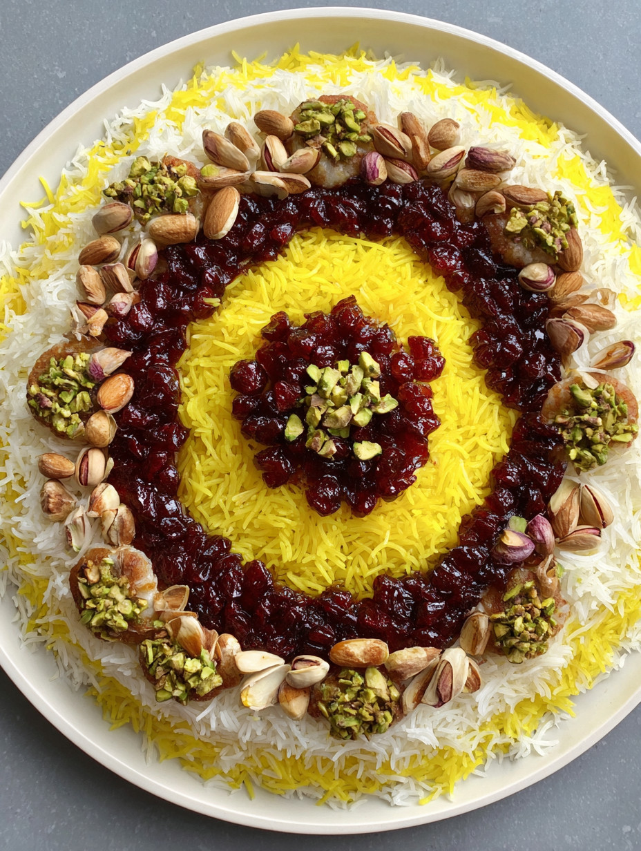 A plate of food with a yellow center and red berries.