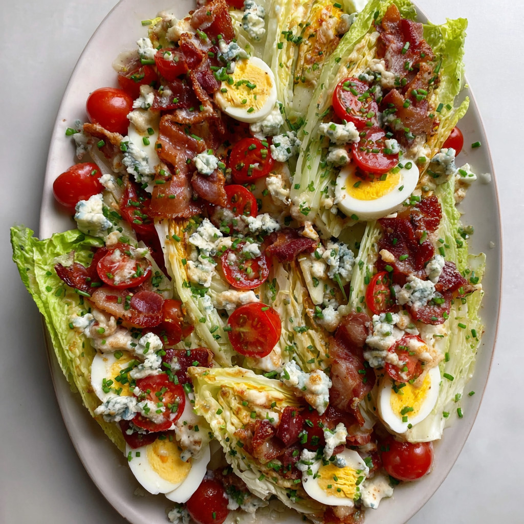 A plate of food with lettuce, tomatoes, bacon, eggs, and blue cheese.