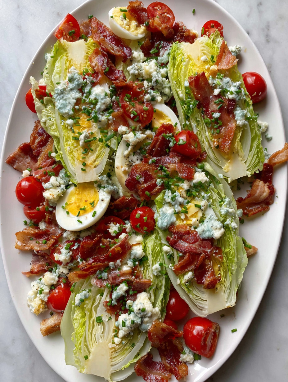 A plate of food with bacon, lettuce, tomatoes, and blue cheese.