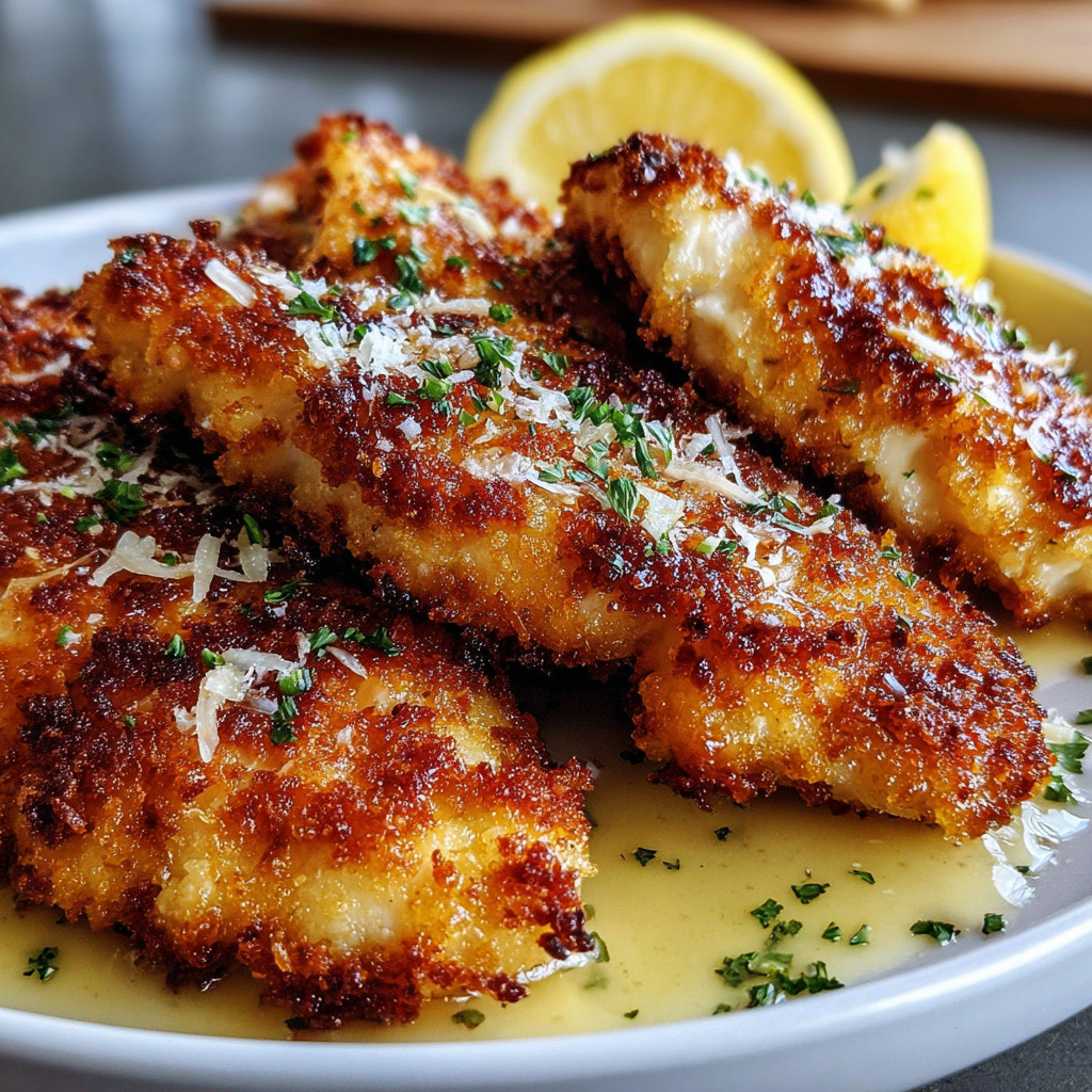 A plate of breaded chicken with lemon wedges on top.