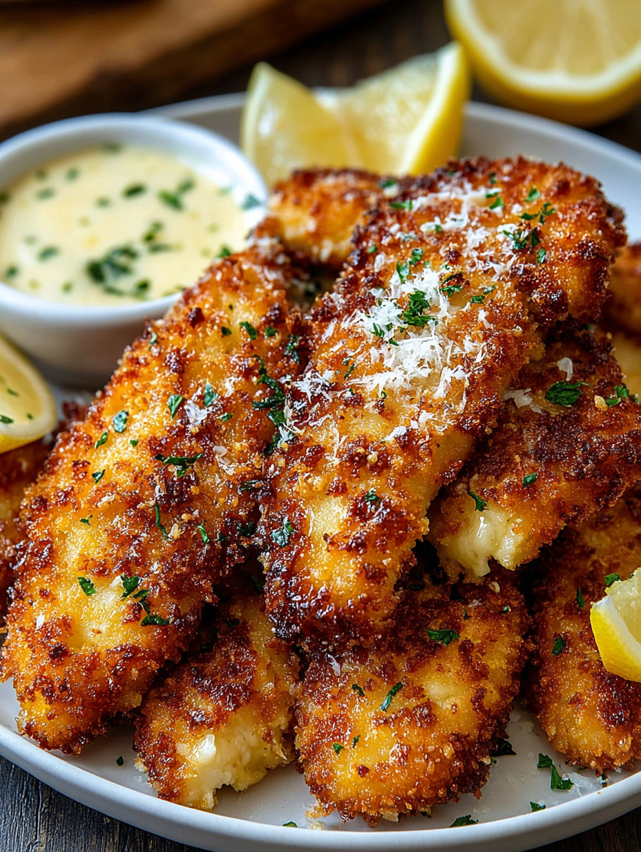 A plate of breaded chicken with lemon wedges on top.