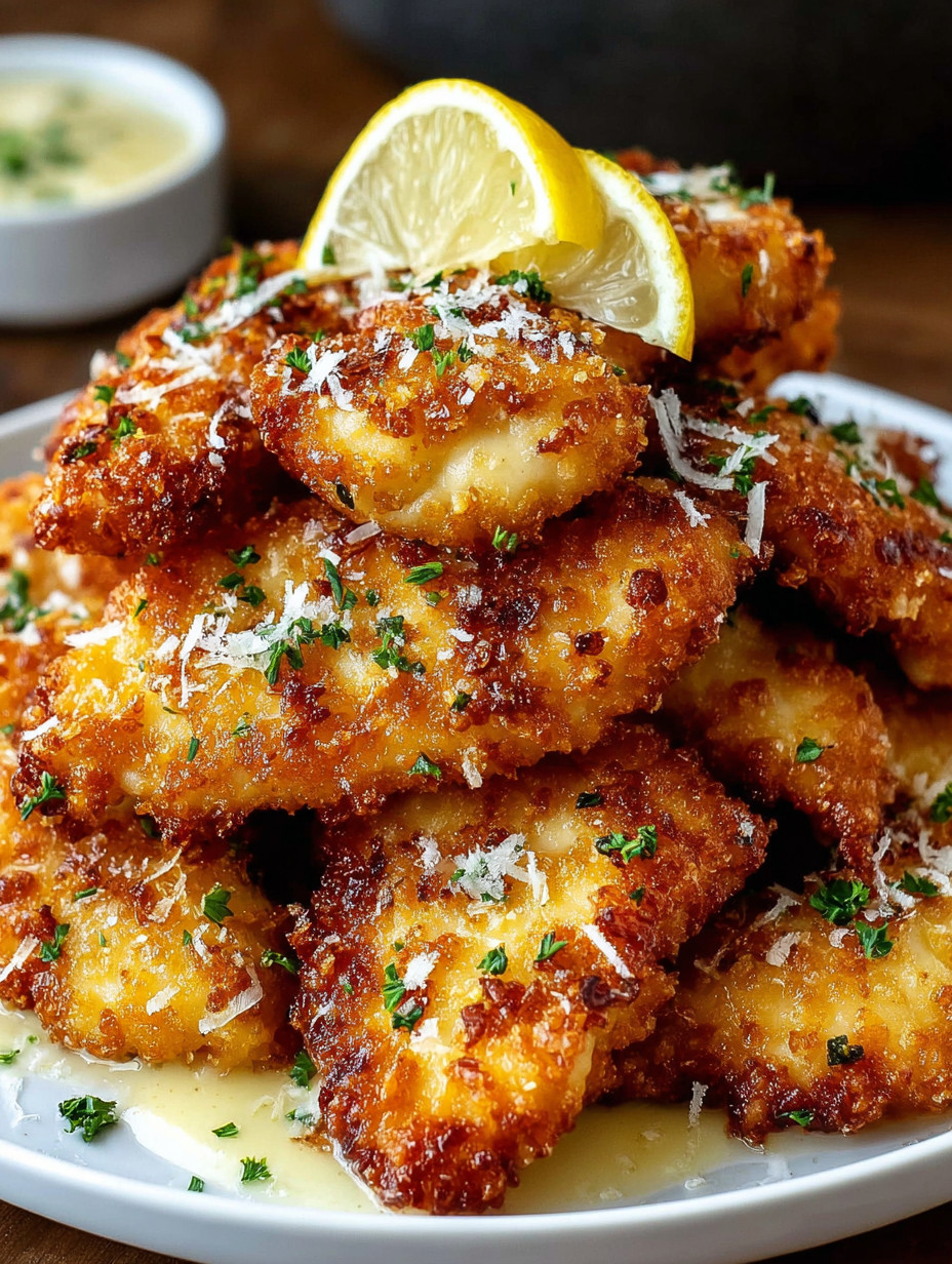 A stack of breaded chicken with cheese and lemon wedges on top.