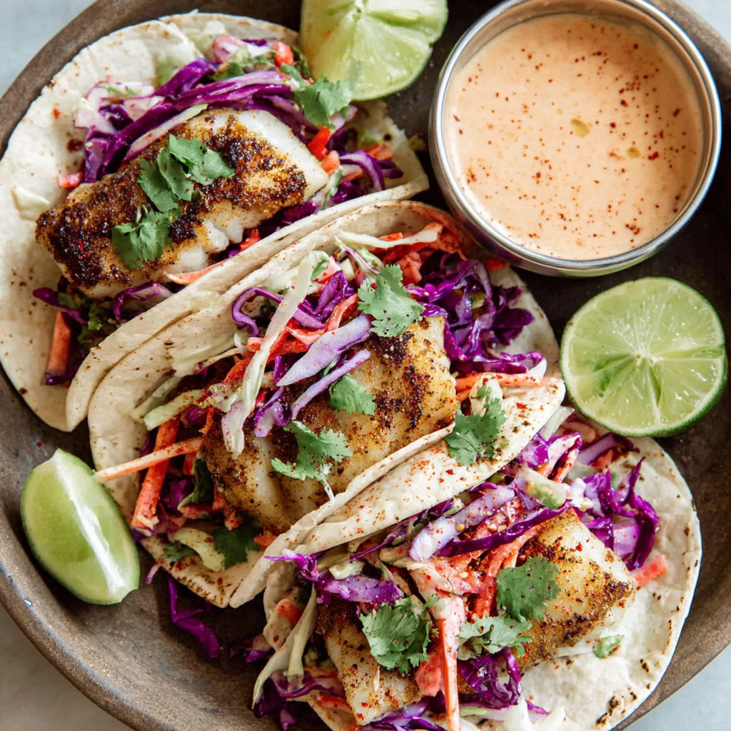 A bowl of fish tacos with purple cabbage and lime wedges.