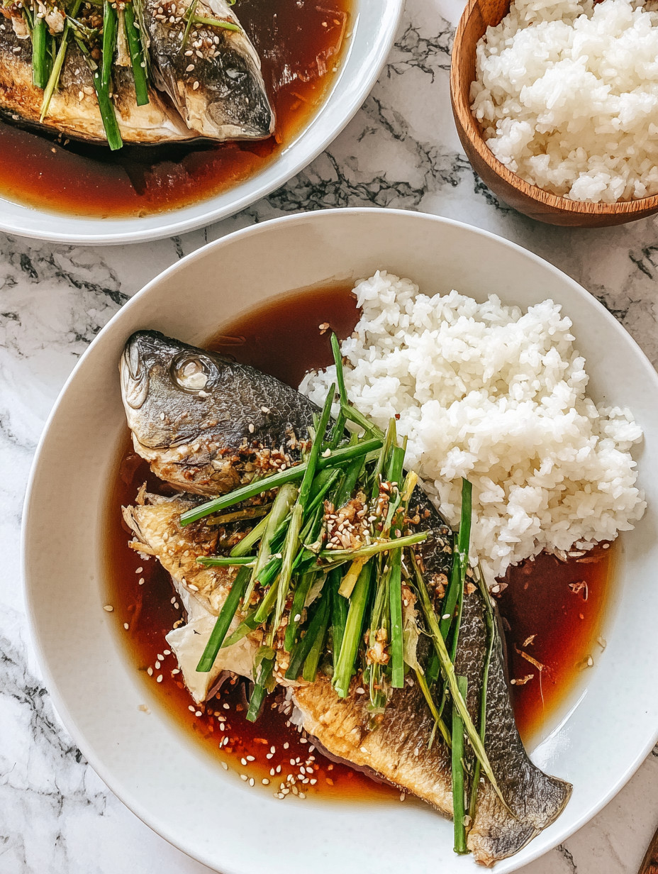 A plate of fish with rice and vegetables.
