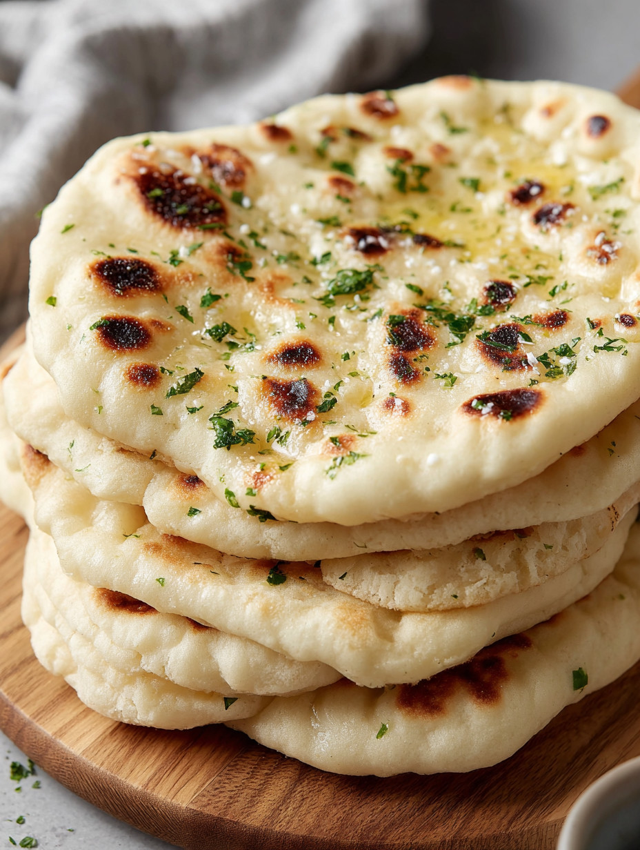 A stack of pita bread with green herbs on top.