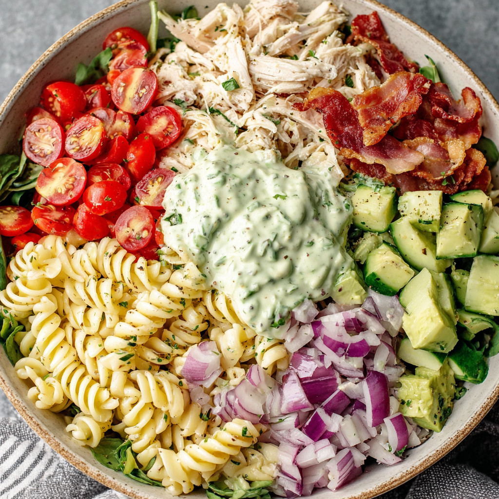 A bowl of food with pasta, tomatoes, onions, and bacon.