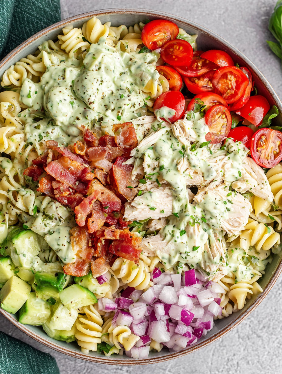 A bowl of pasta salad with chicken, tomatoes, onions, and cucumbers.