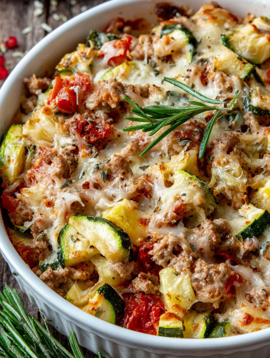 A bowl of food with zucchini and tomatoes.