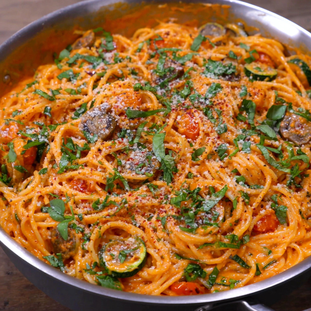 A bowl of pasta with tomatoes and basil.