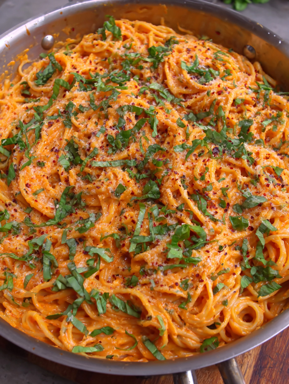 A bowl of spaghetti with red sauce and green herbs.