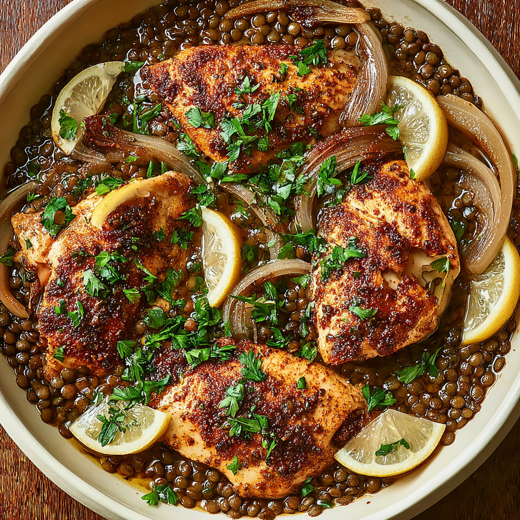 A plate of food with chicken and lemon.