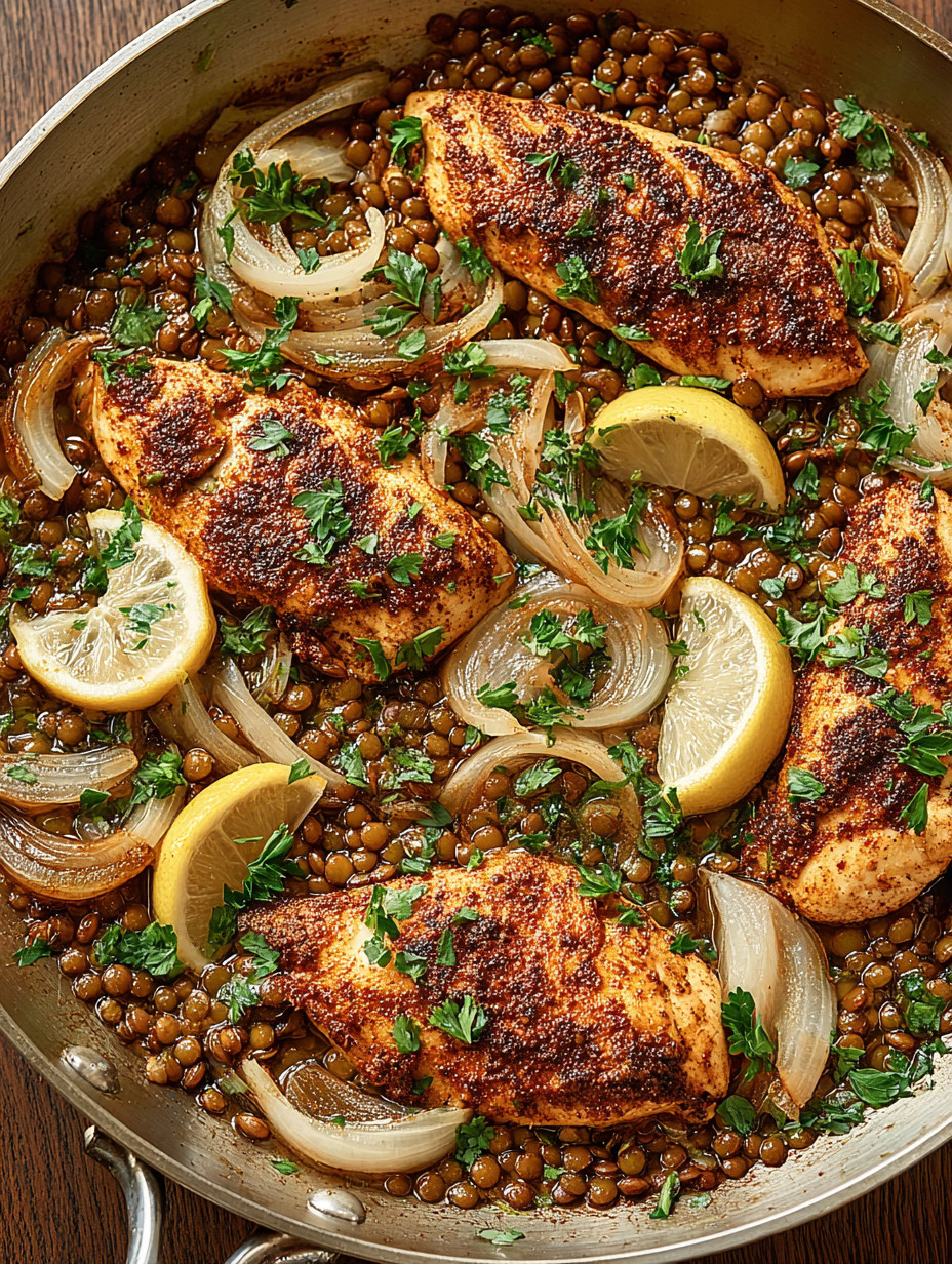 A pan of food with lemon wedges and onions.