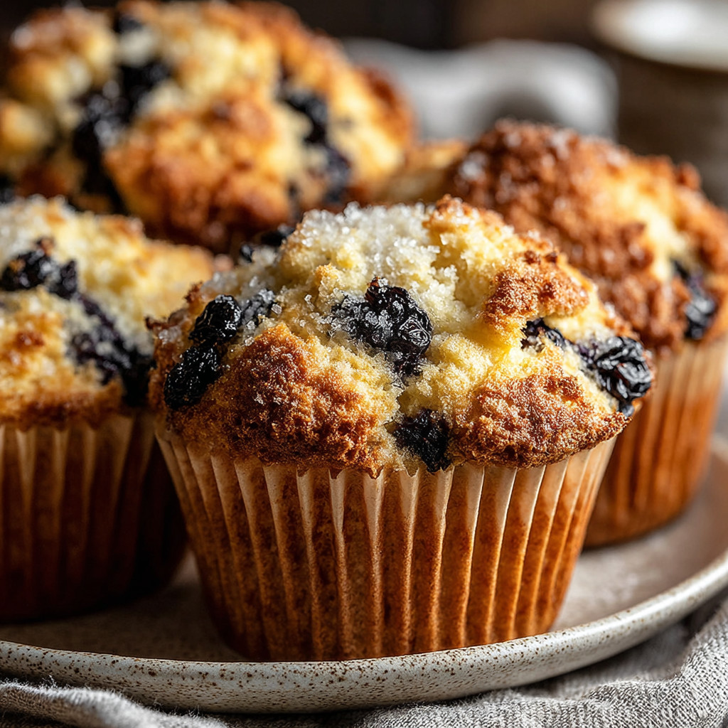 A plate of muffins with blueberries on top.