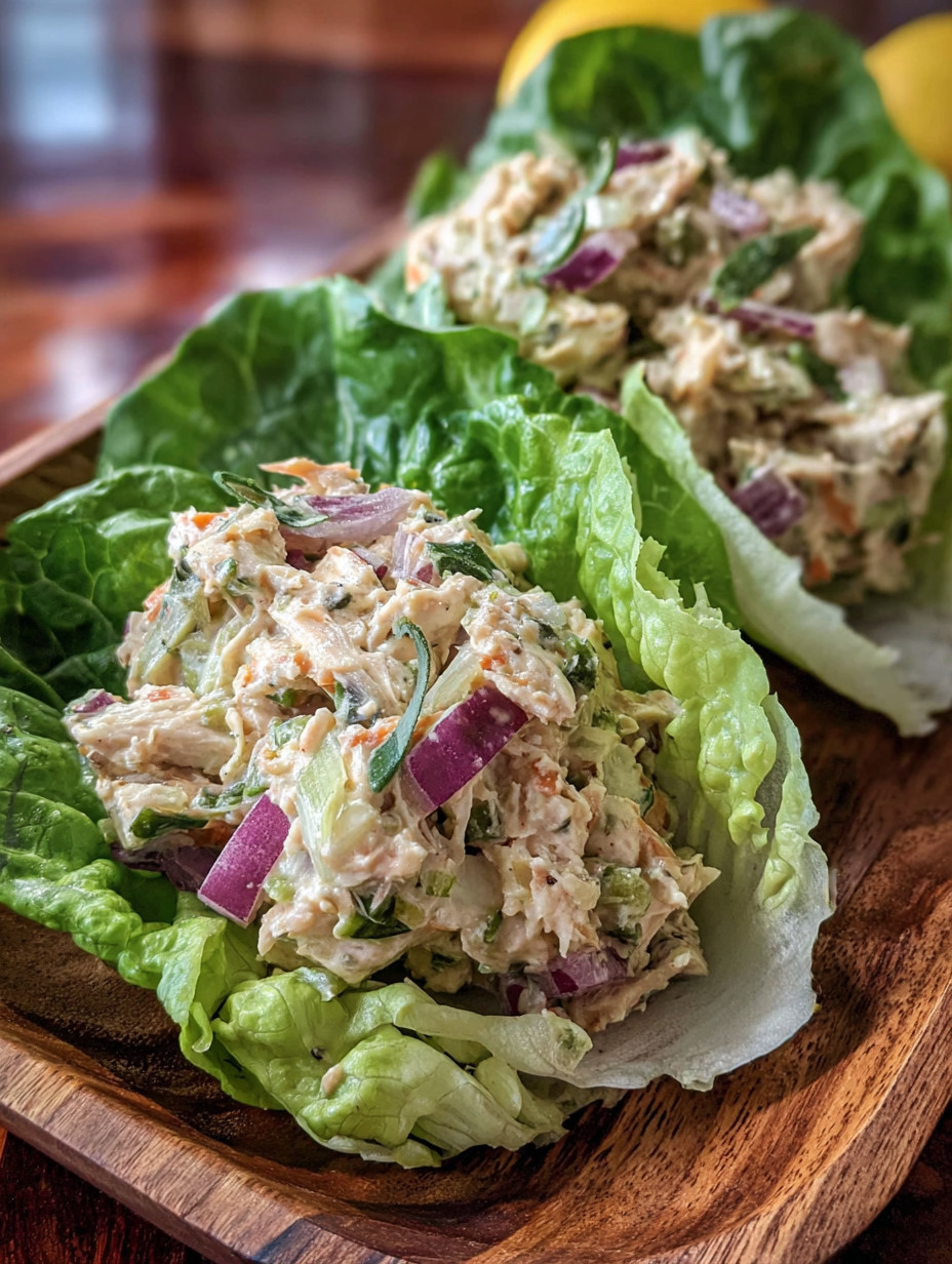 Two pieces of chicken salad in lettuce wraps.