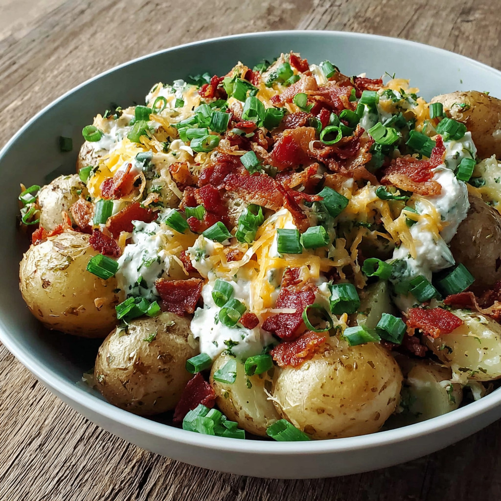 A bowl of food with bacon and potatoes.