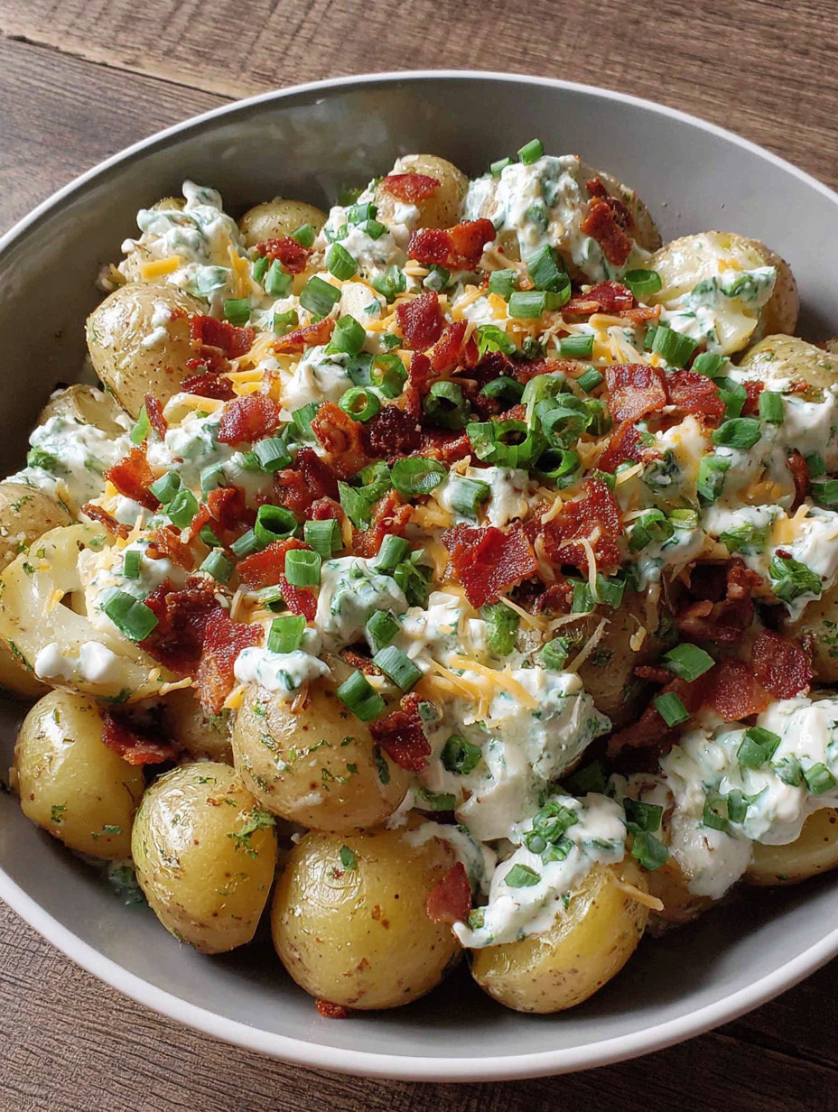 A bowl of food with potatoes, cheese, and bacon.