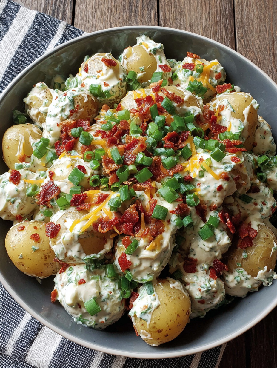 A bowl of food with potatoes and bacon.