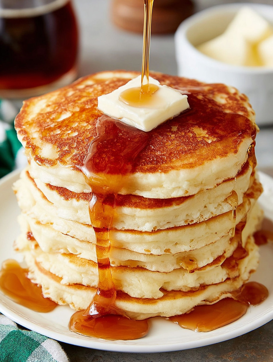 A stack of pancakes with syrup drizzled on top.