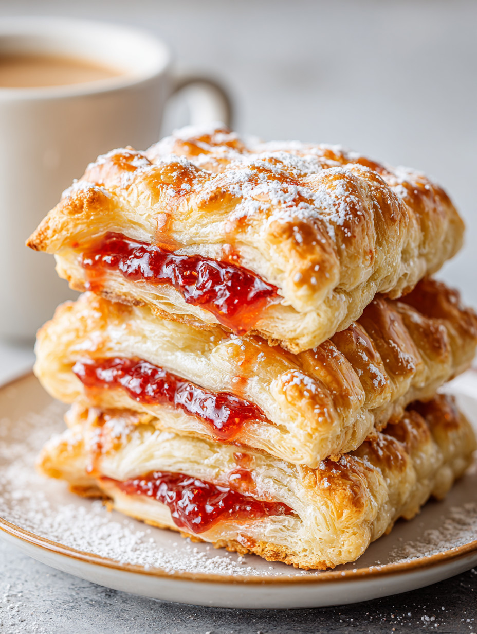A stack of pastries with jelly on top.