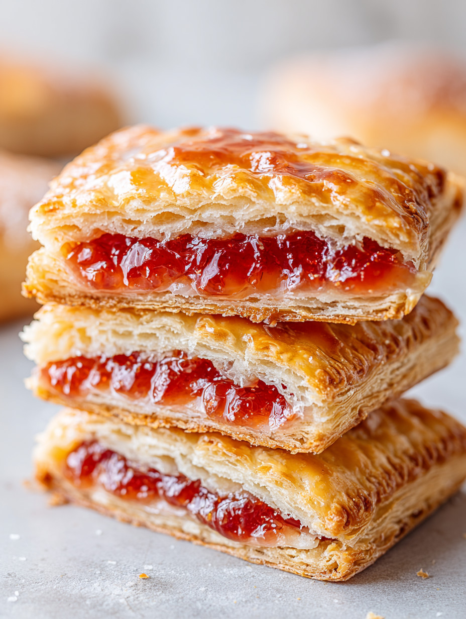 A stack of pastry with jam on top.