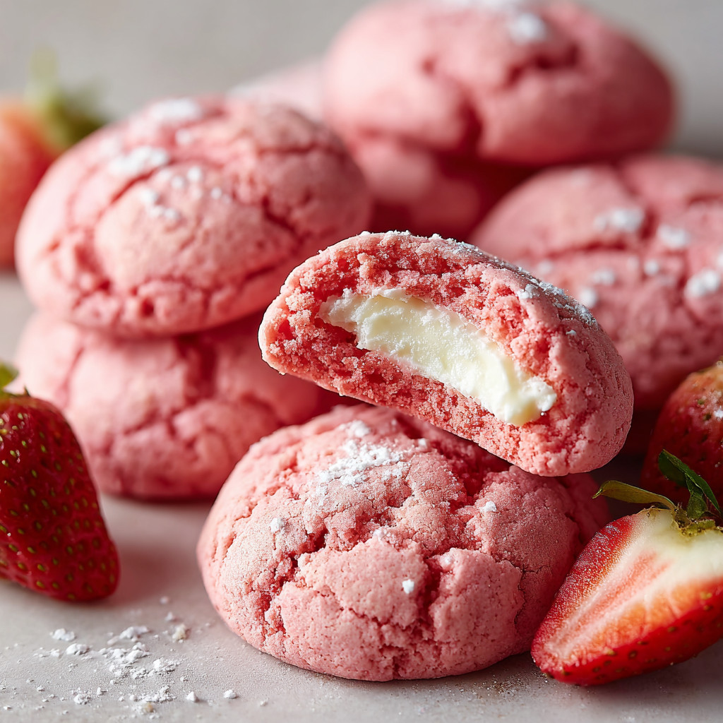 A pink pastry with white frosting and strawberries.