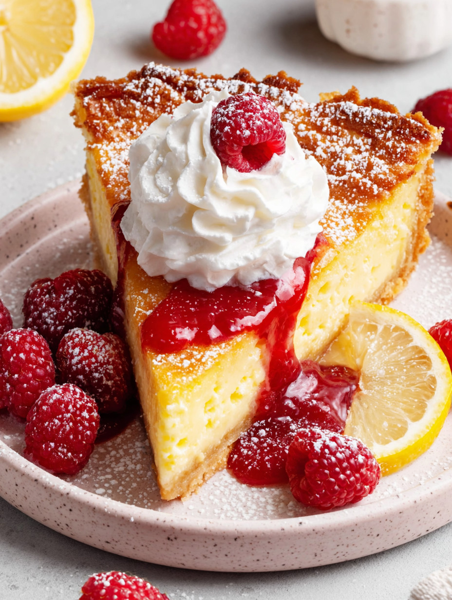 A slice of cake with white whipped cream and a raspberry on top.