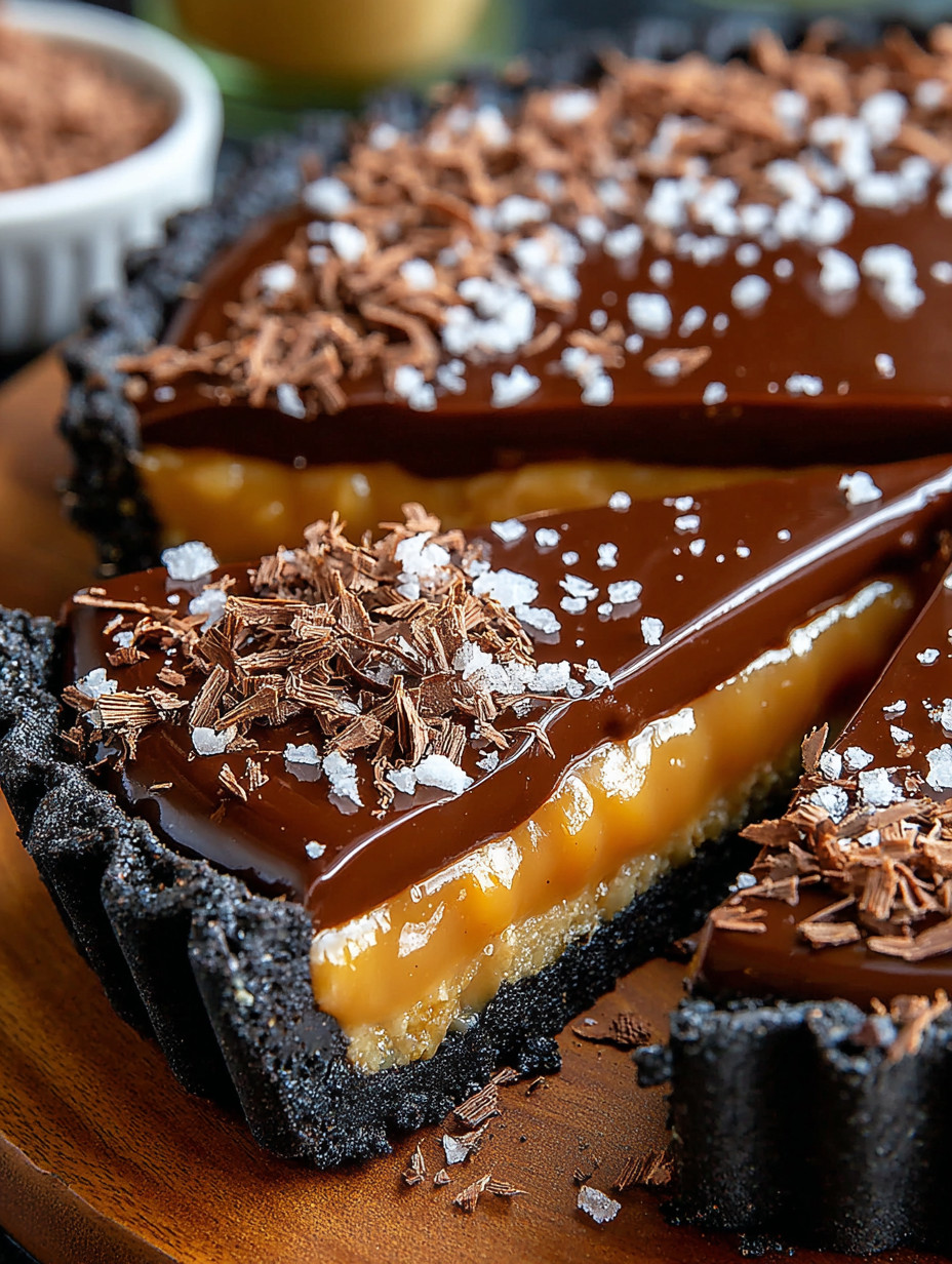 A slice of chocolate pie with chocolate chips on top.