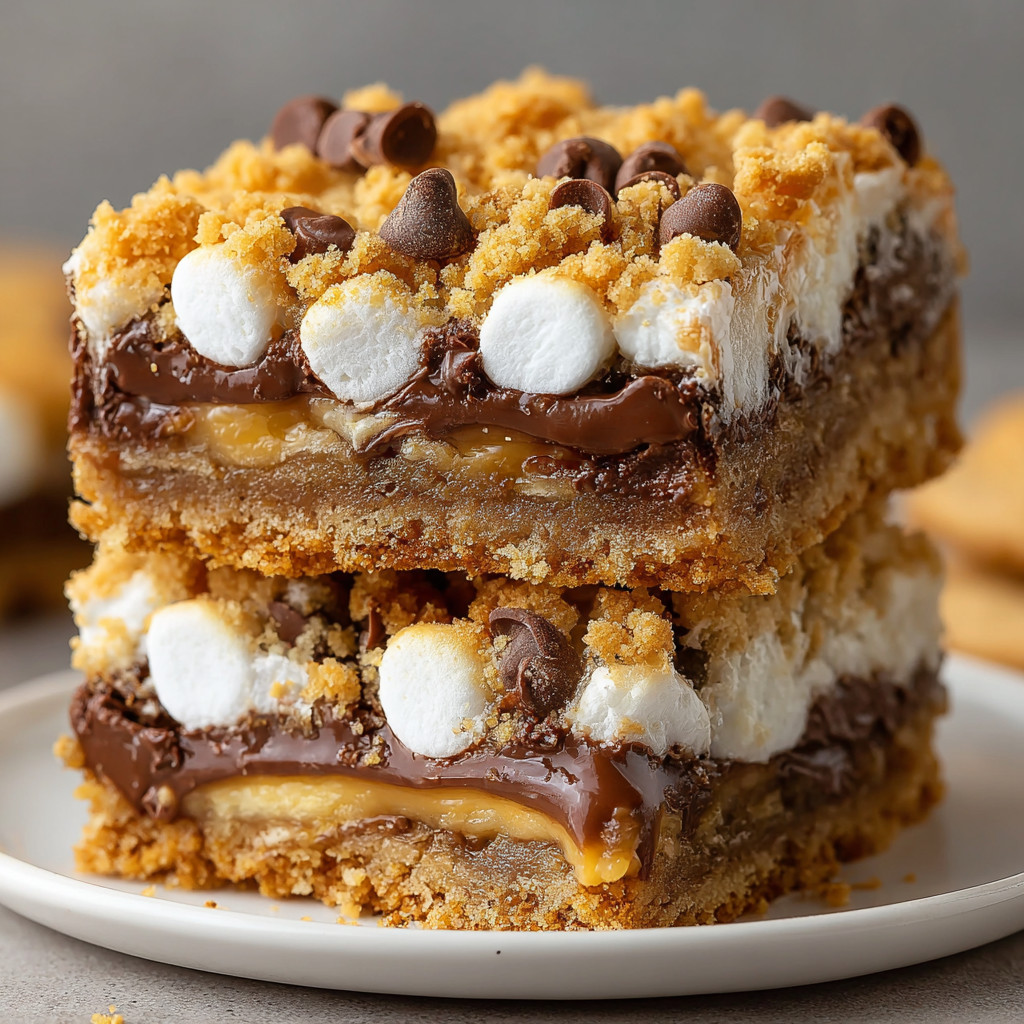 A slice of cake with marshmallows and chocolate.