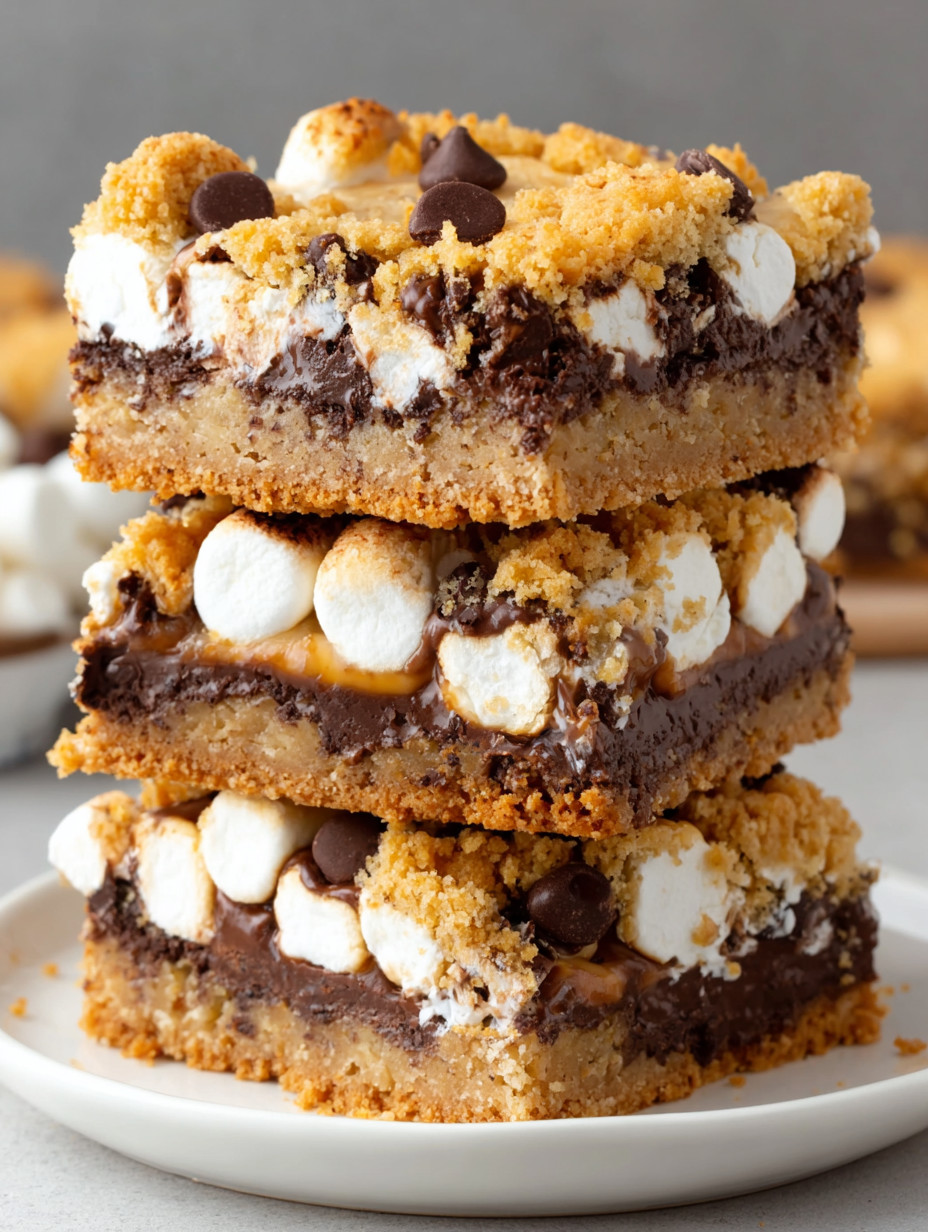 A stack of brownies with marshmallows and chocolate chips.