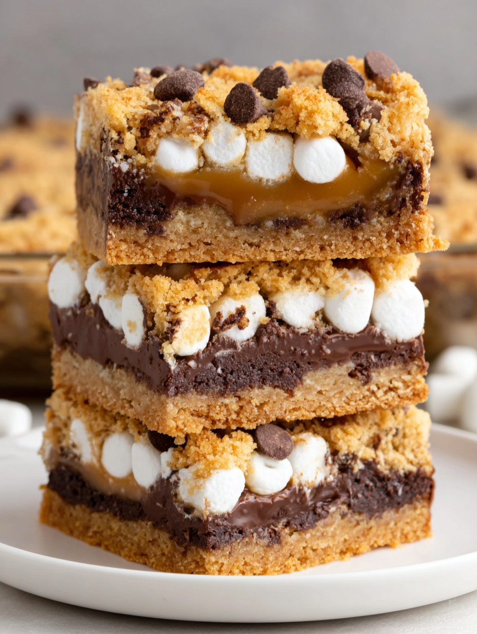 A stack of three brownies with marshmallows on top.