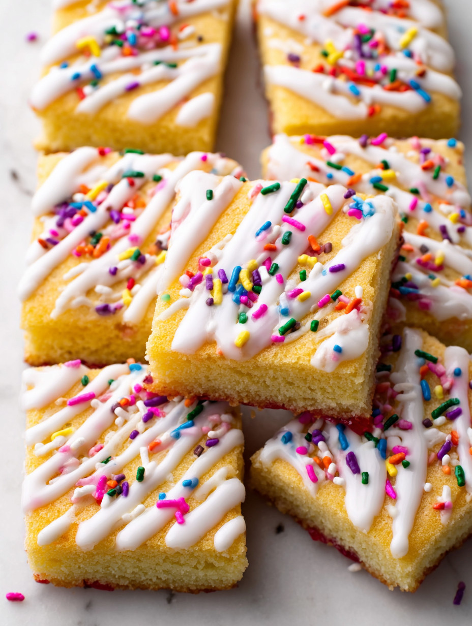 A close up of a cake with white frosting and sprinkles.