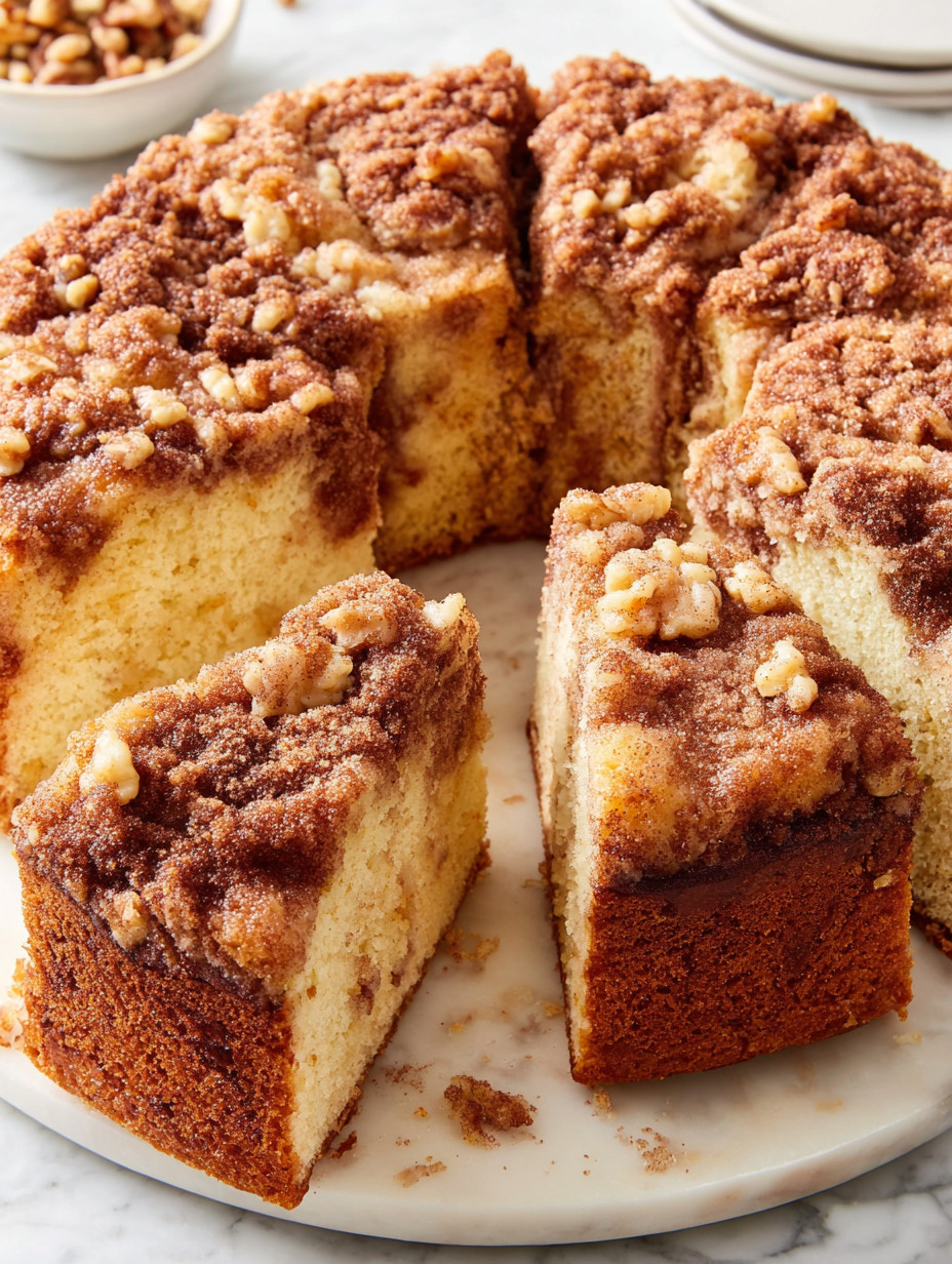 A slice of cake with nuts on top.