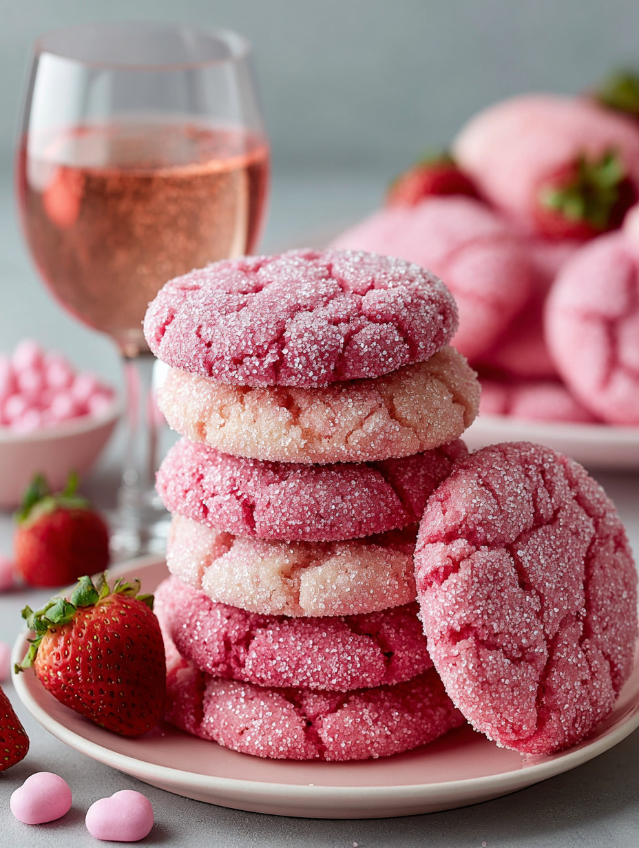 A stack of pink cookies with powdered sugar on top.