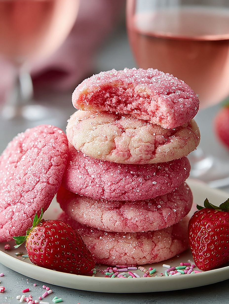 A stack of pink cookies with strawberries on top.