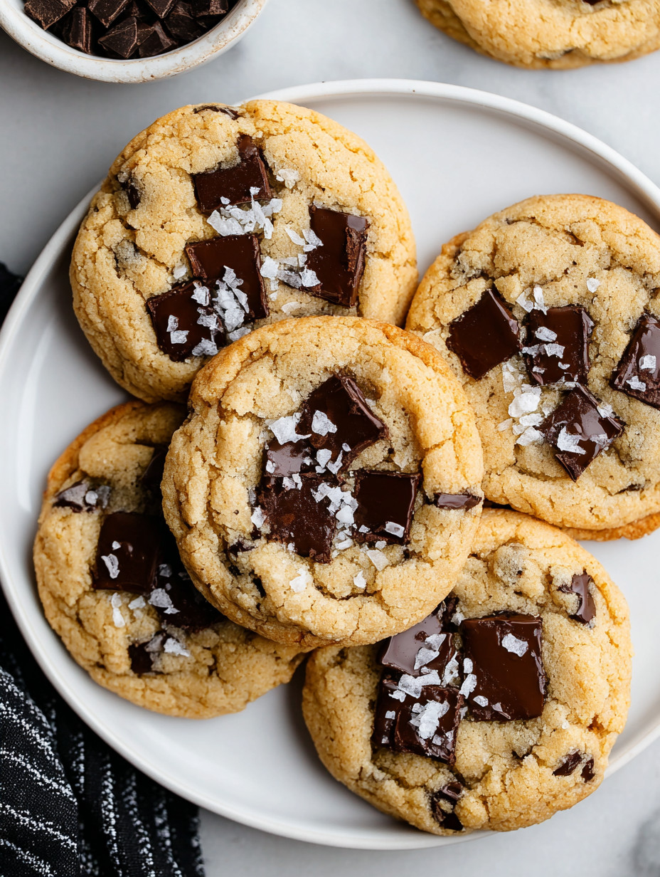 A plate of cookies with chocolate and salt.