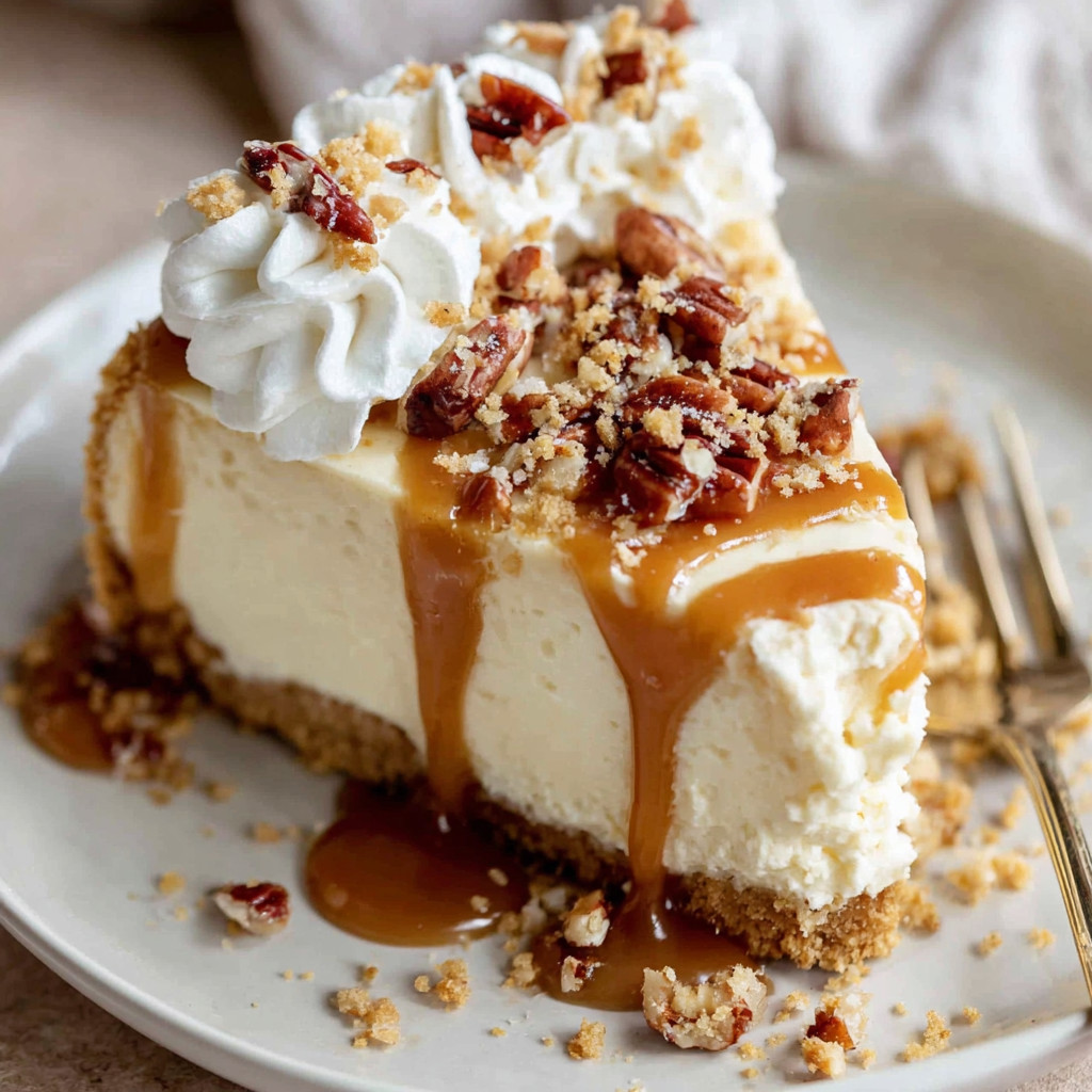 A slice of cheesecake with caramel drizzle.
