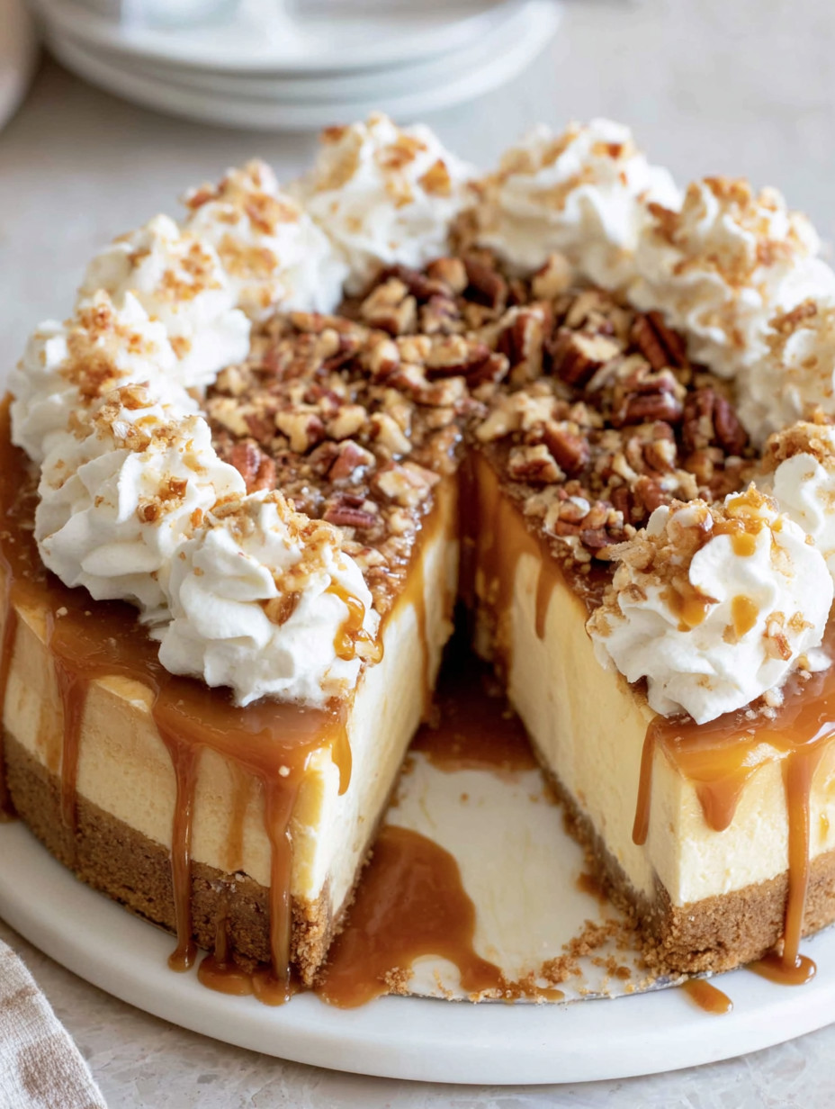 A slice of cake with caramel drizzled on top.