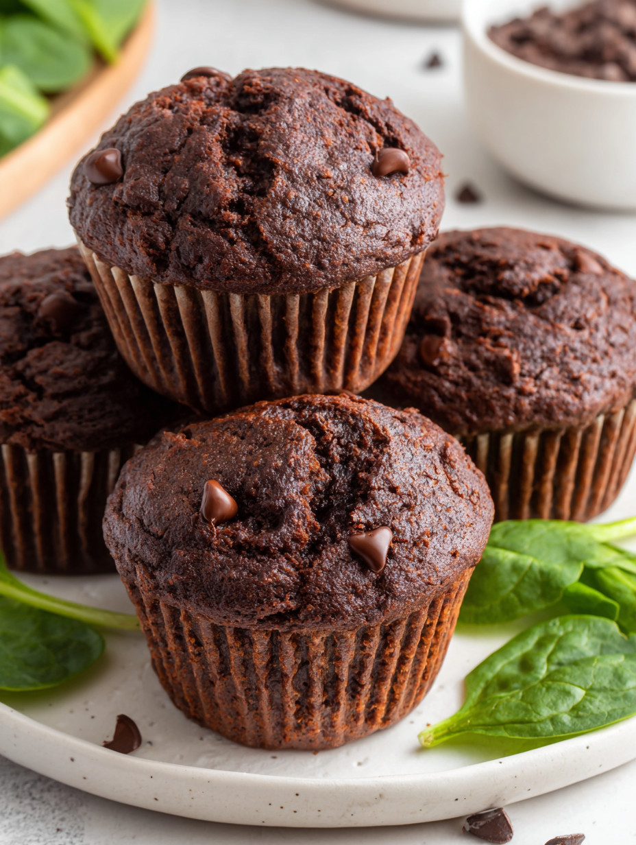 Chocolate muffins with chocolate chips on a plate.