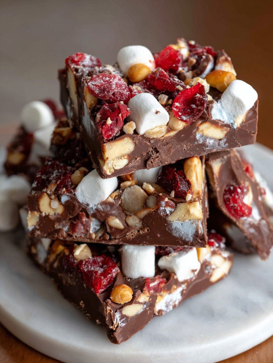 A stack of chocolate bars with marshmallows and nuts.