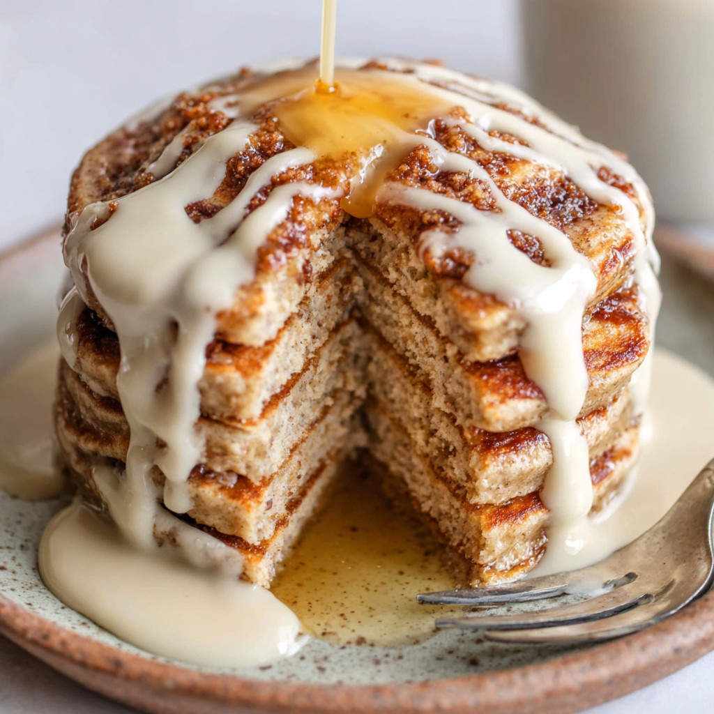A slice of pancakes with syrup on a plate.