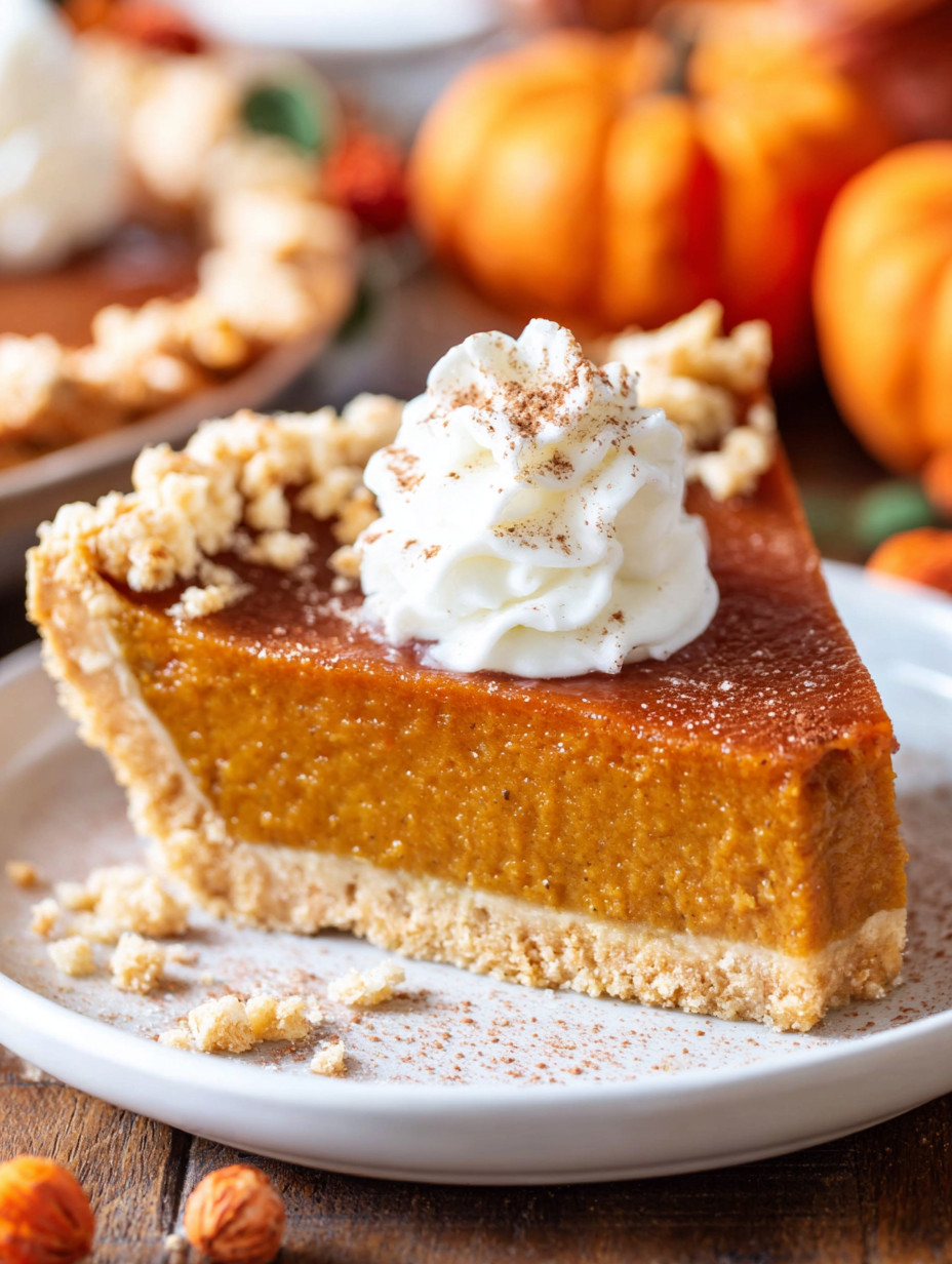 A slice of pumpkin pie with whipped cream on top.