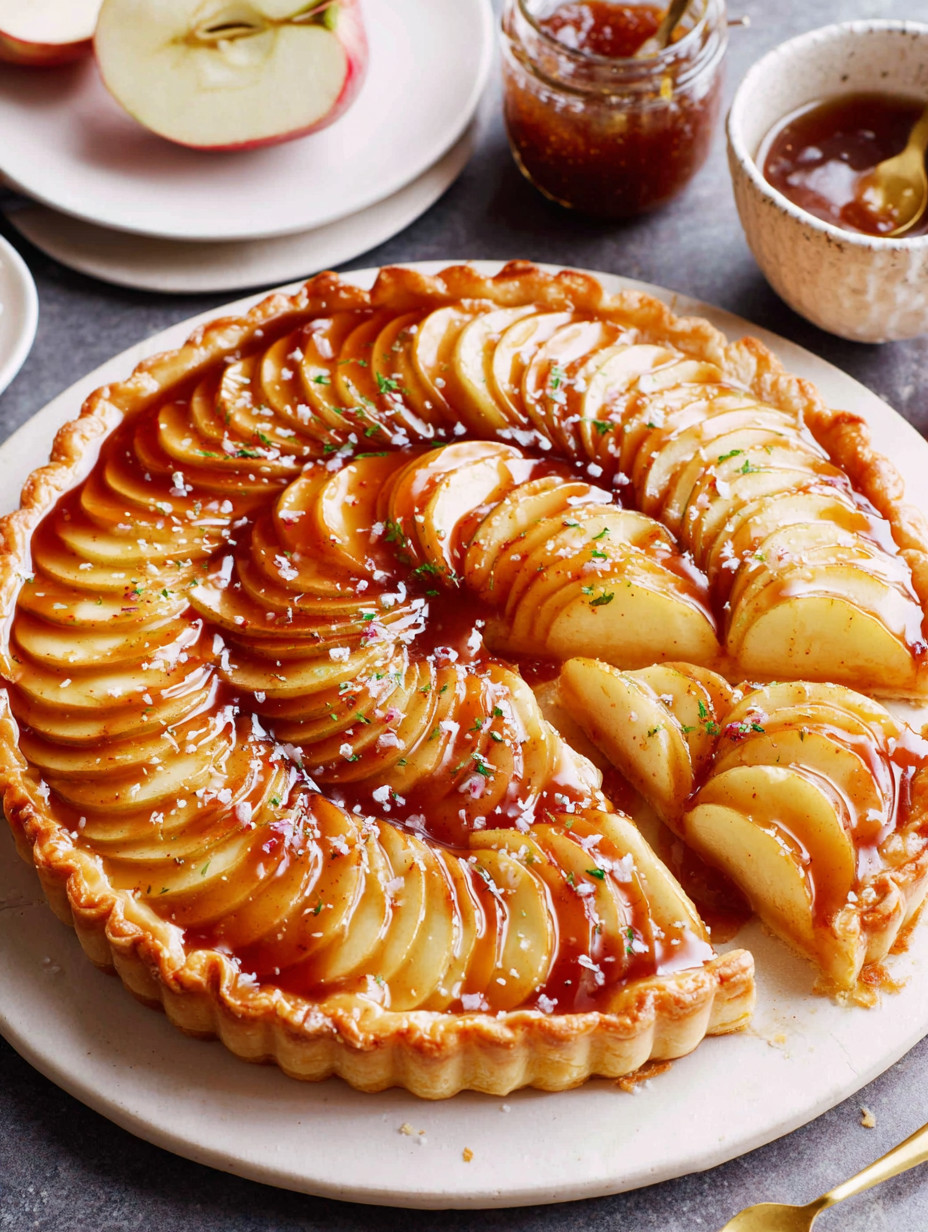 A pie with apples and caramel sauce.
